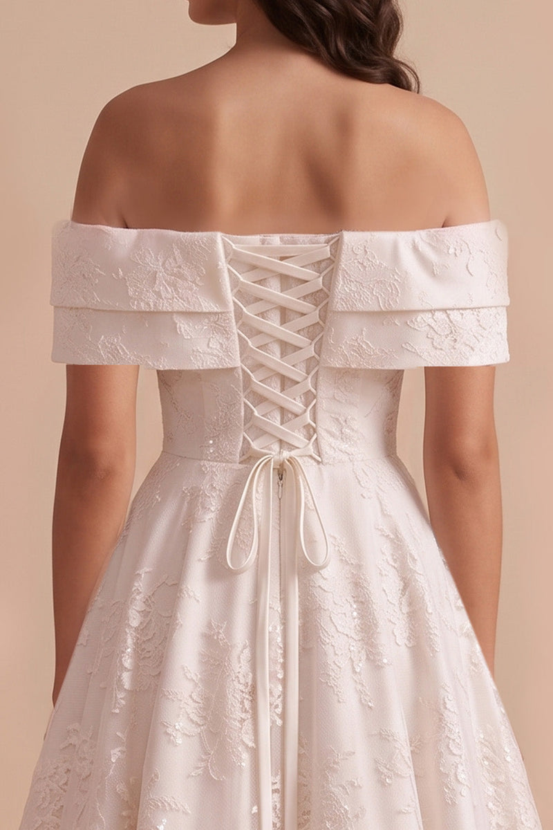 Load image into Gallery viewer, White Floral A-Line Off the Shoulder Long Wedding Dress