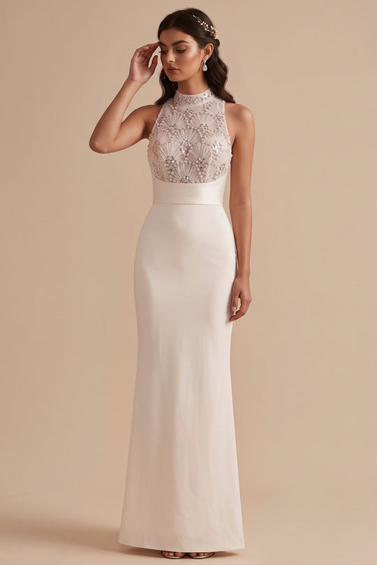 White Mermaid High Neck Beaded Keyhole Back Long Wedding Dress with Sequins