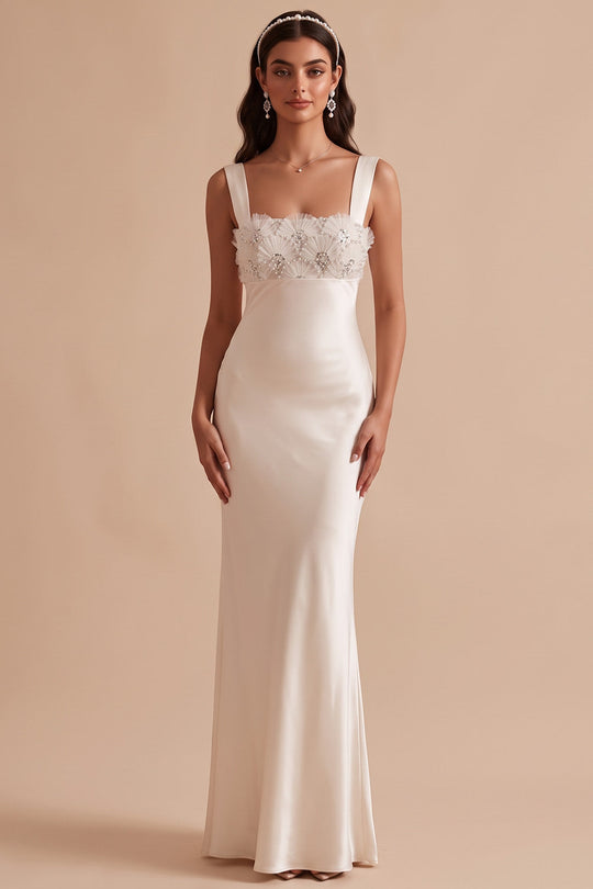 Beaded White Mermaid Square Neck Satin Long Wedding Dress