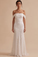 Load image into Gallery viewer, Sparkly White Mermaid Off the Shoulder Sequin Sweep Train Wedding Dress