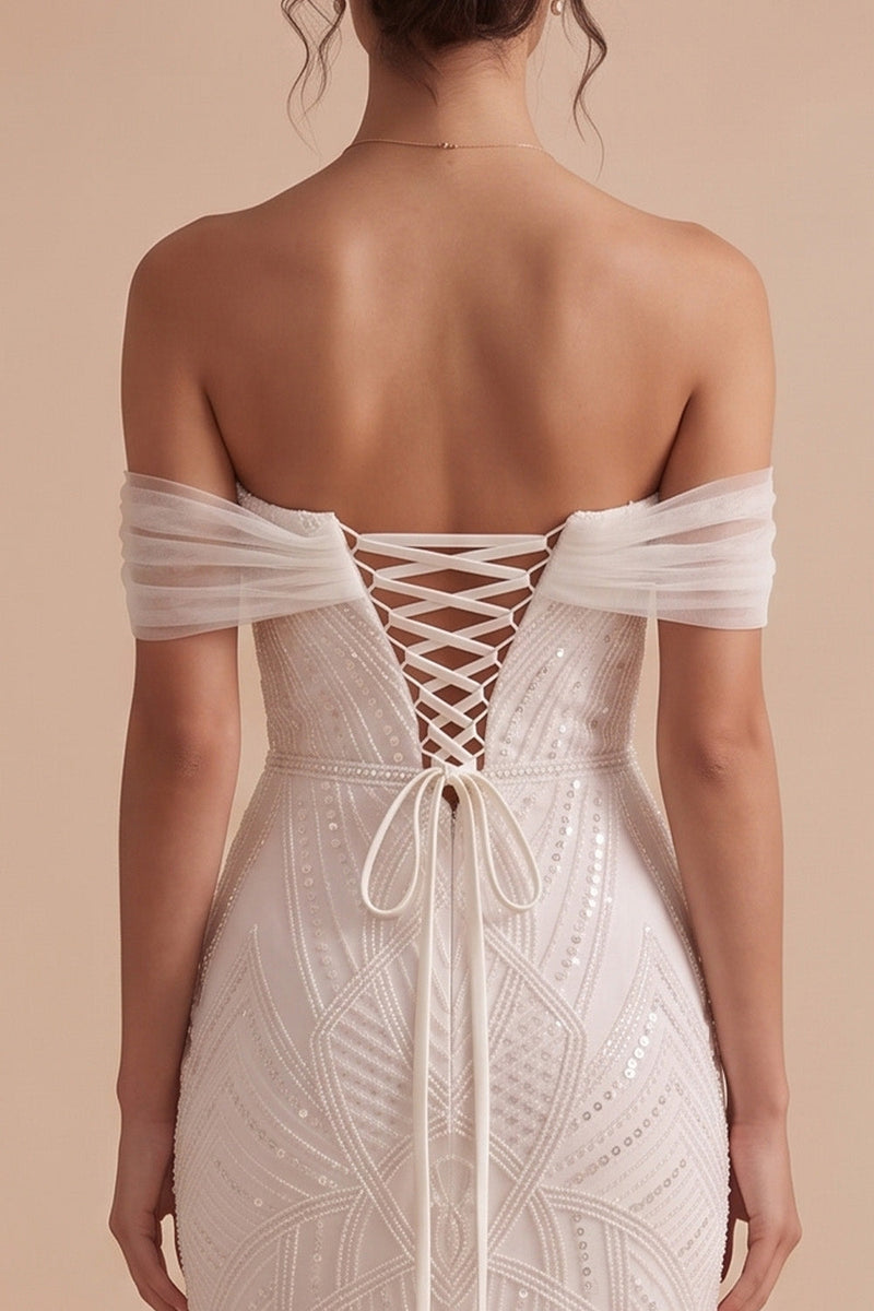Load image into Gallery viewer, Sparkly White Mermaid Off the Shoulder Sequin Sweep Train Wedding Dress
