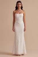 Load image into Gallery viewer, White Corset Floral Mermaid Strapless Long Wedding Dress