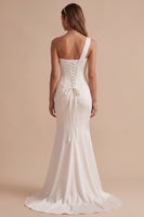 Load image into Gallery viewer, White Mermaid Beaded Ruched One Shoulder Sweep Train Wedding Dress with Lace