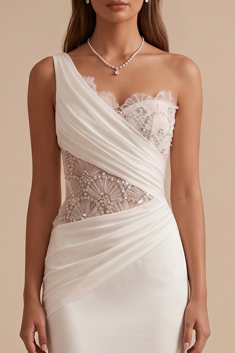 Load image into Gallery viewer, White Mermaid Beaded Ruched One Shoulder Sweep Train Wedding Dress with Lace