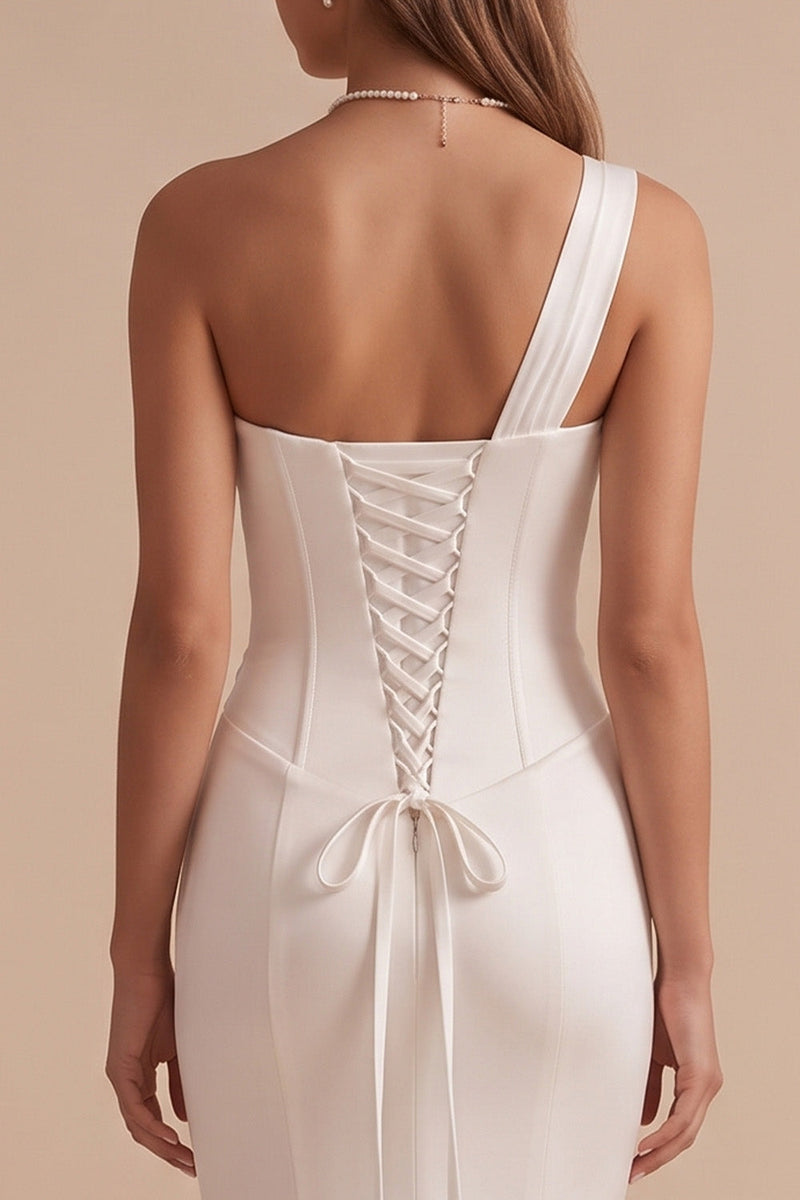 Load image into Gallery viewer, White Mermaid Beaded Ruched One Shoulder Sweep Train Wedding Dress with Lace