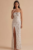 Load image into Gallery viewer, Sparkly White Mermaid Beaded Strapless Sequin Long Wedding Dress with Slit