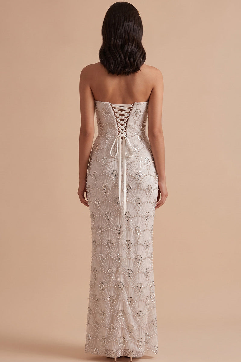 Load image into Gallery viewer, Sparkly White Mermaid Beaded Strapless Sequin Long Wedding Dress with Slit