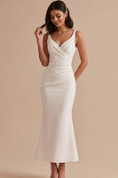Load image into Gallery viewer, Simple White Satin Mermaid V-Neck Ruched Midi Wedding Dress