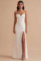 Load image into Gallery viewer, White Satin Corset Sheath Ruched Long Wedding Dress with Slit