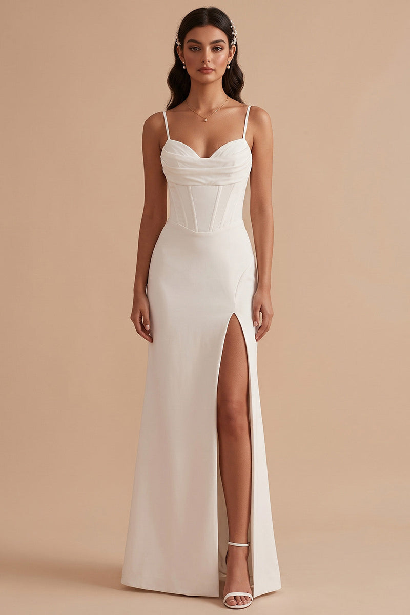 Load image into Gallery viewer, White Satin Corset Sheath Ruched Long Wedding Dress with Slit