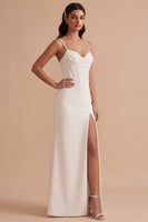 Load image into Gallery viewer, White Satin Corset Sheath Ruched Long Wedding Dress with Slit
