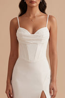 Load image into Gallery viewer, White Satin Corset Sheath Ruched Long Wedding Dress with Slit