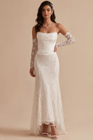 Load image into Gallery viewer, White Corset Lace Mermaid Strapless Ruched High-Low Wedding Dress