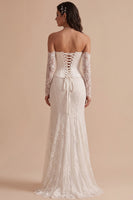Load image into Gallery viewer, White Corset Lace Mermaid Strapless Ruched High-Low Wedding Dress