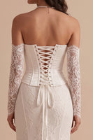 Load image into Gallery viewer, White Corset Lace Mermaid Strapless Ruched High-Low Wedding Dress