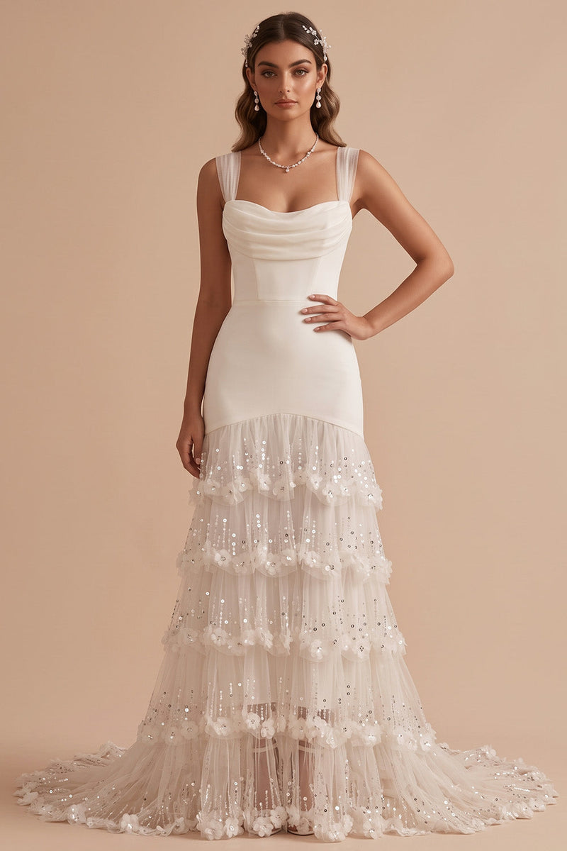 Load image into Gallery viewer, White Mermaid Sequin Ruffled Sweep Train Wedding Dress with 3D Flowers