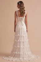 Load image into Gallery viewer, White Mermaid Sequin Ruffled Sweep Train Wedding Dress with 3D Flowers