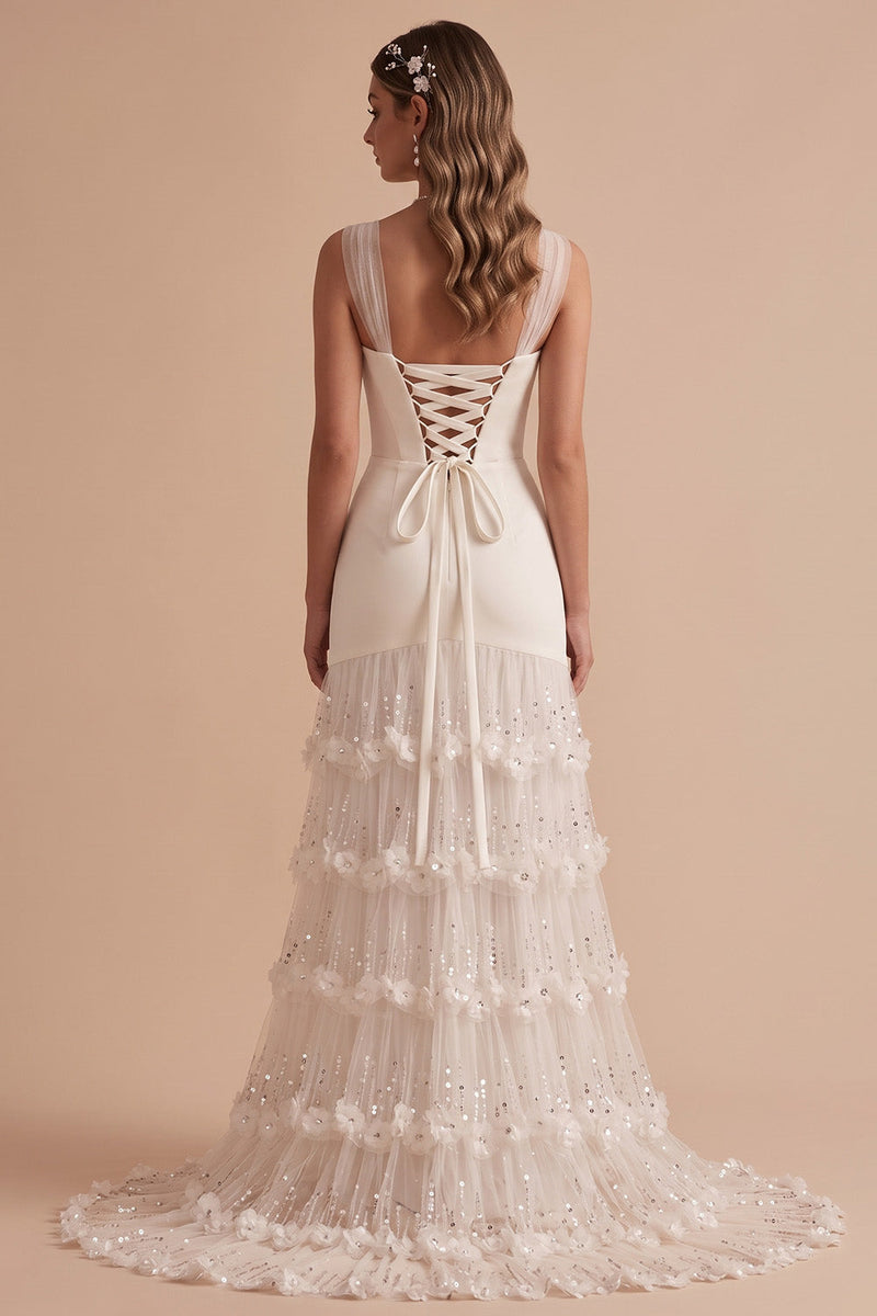 Load image into Gallery viewer, White Mermaid Sequin Ruffled Sweep Train Wedding Dress with 3D Flowers