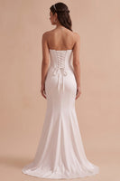 Load image into Gallery viewer, White Corset Satin Sweetheart Sweep Train Wedding Dress with 3D Flower