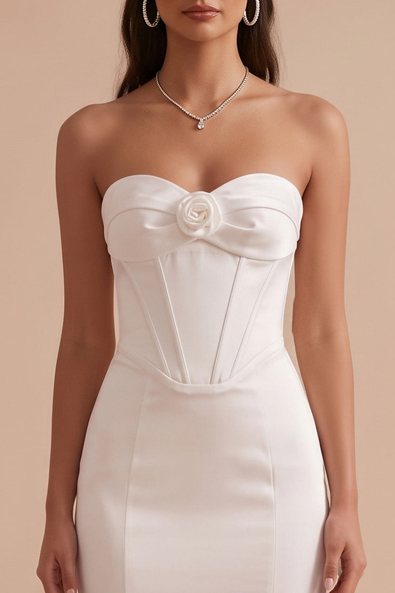 Load image into Gallery viewer, White Corset Satin Sweetheart Sweep Train Wedding Dress with 3D Flower