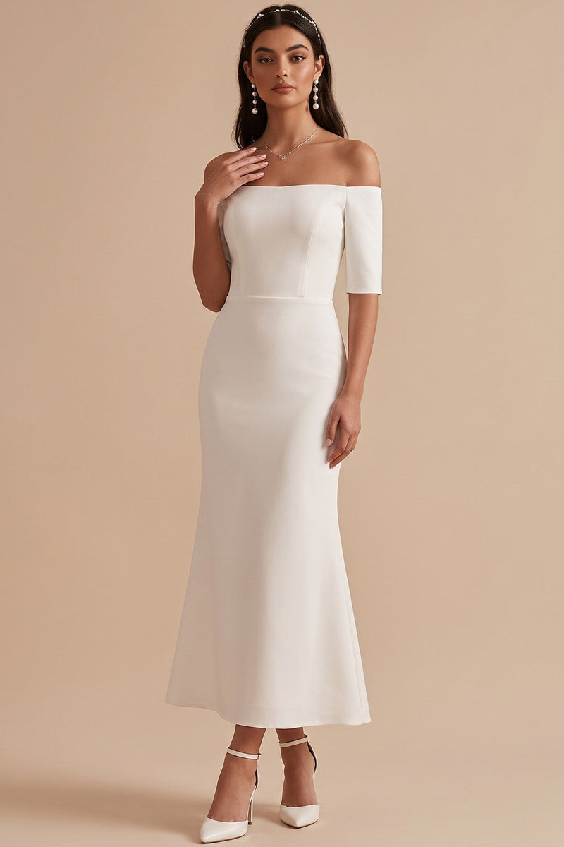 Load image into Gallery viewer, White Bodycon Off the Shoulder Half Sleeves Midi Wedding Dress