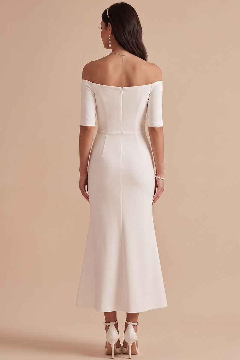 Load image into Gallery viewer, White Bodycon Off the Shoulder Half Sleeves Midi Wedding Dress