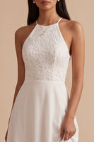 Load image into Gallery viewer, White A-Line Halter Chiffon Keyhole Back Long Wedding Dress with Lace