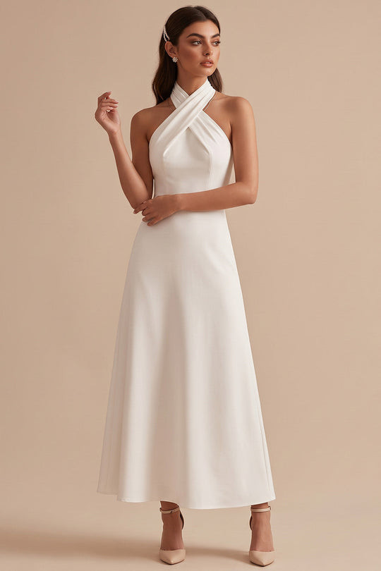 White A-Line Halter Backless Midi Wedding Dress