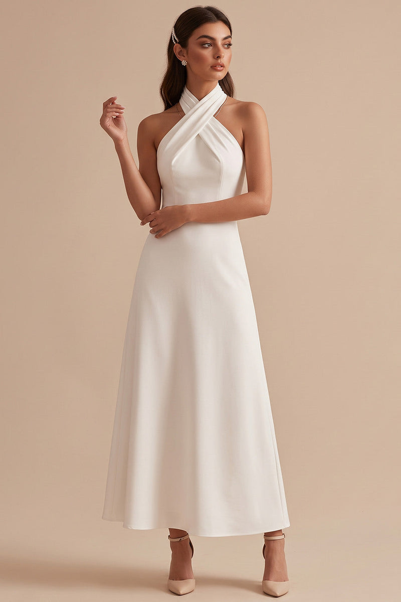 Load image into Gallery viewer, White A-Line Halter Backless Midi Wedding Dress