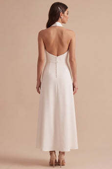 White A-Line Halter Backless Midi Wedding Dress