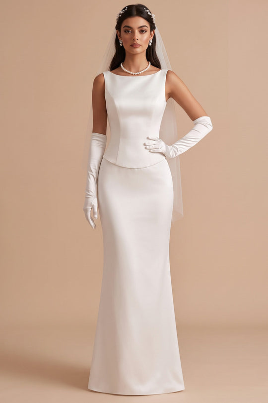 Simple Satin White Mermaid Boat Neck Long Wedding Dress