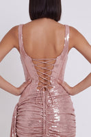 Load image into Gallery viewer, Sparkly Pink Sequin Corset Tight Ruched Short Cocktail Dress with Side Cape