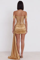 Load image into Gallery viewer, Sparkly Gold Corset Tight Ruched Beaded Short Cocktail Dress with Side Cape