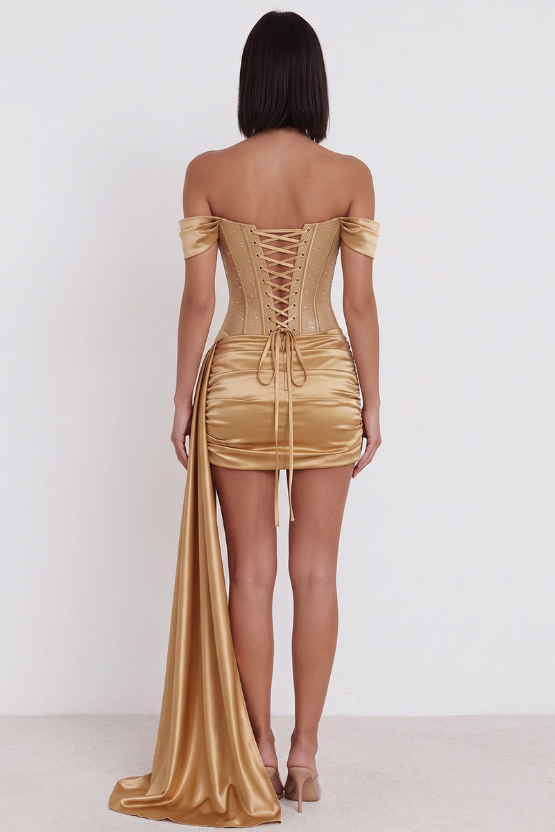 Load image into Gallery viewer, Sparkly Gold Corset Tight Ruched Beaded Short Cocktail Dress with Side Cape