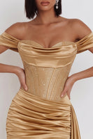 Load image into Gallery viewer, Sparkly Gold Corset Tight Ruched Beaded Short Cocktail Dress with Side Cape