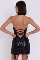 Load image into Gallery viewer, Sparkly Black Sequin Keyhole Tight Halter Short Cocktail Dress