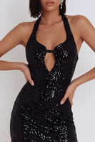 Load image into Gallery viewer, Sparkly Black Sequin Keyhole Tight Halter Short Cocktail Dress