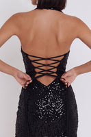 Load image into Gallery viewer, Sparkly Black Sequin Keyhole Tight Halter Short Cocktail Dress