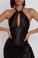 Load image into Gallery viewer, Black Satin Corset Halter Keyhole Ruched Short Cocktail Dress with Side Cape