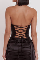 Load image into Gallery viewer, Black Satin Corset Halter Keyhole Ruched Short Cocktail Dress with Side Cape