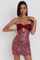 Load image into Gallery viewer, Sparkly Burgundy Bodycon Sequin Tight Strapless Keyhole Short Cocktail Dress