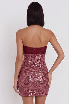 Sparkly Burgundy Bodycon Sequin Tight Strapless Keyhole Short Cocktail Dress