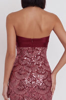 Load image into Gallery viewer, Sparkly Burgundy Bodycon Sequin Tight Strapless Keyhole Short Cocktail Dress
