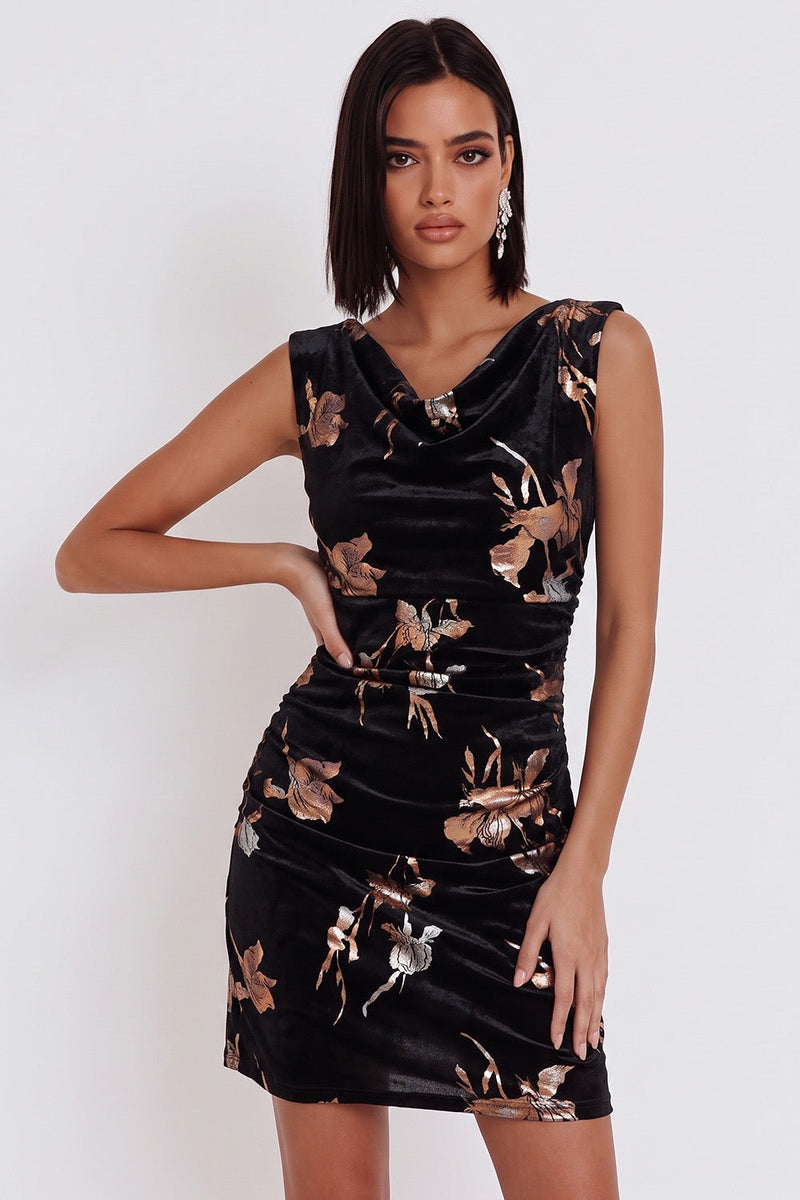 Load image into Gallery viewer, Black Floral Velvet Ruched Cowl Neck Tight Short Cocktail Dress