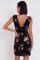 Load image into Gallery viewer, Black Floral Velvet Ruched Cowl Neck Tight Short Cocktail Dress