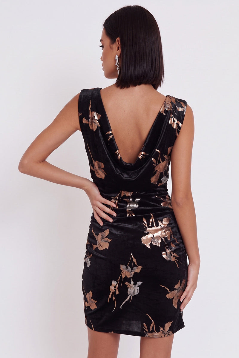 Load image into Gallery viewer, Black Floral Velvet Ruched Cowl Neck Tight Short Cocktail Dress