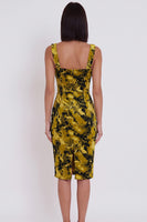 Load image into Gallery viewer, Yellow Green Floral Bodycon Square Neck Midi Wedding Guest Dress with Slit