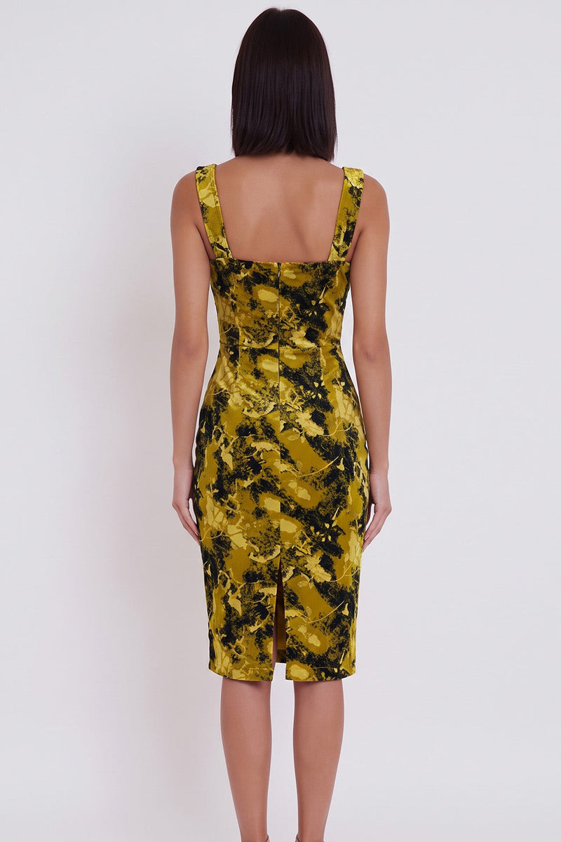 Load image into Gallery viewer, Yellow Green Floral Bodycon Square Neck Midi Wedding Guest Dress with Slit