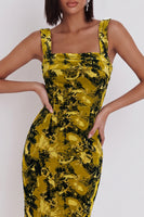Load image into Gallery viewer, Yellow Green Floral Bodycon Square Neck Midi Wedding Guest Dress with Slit