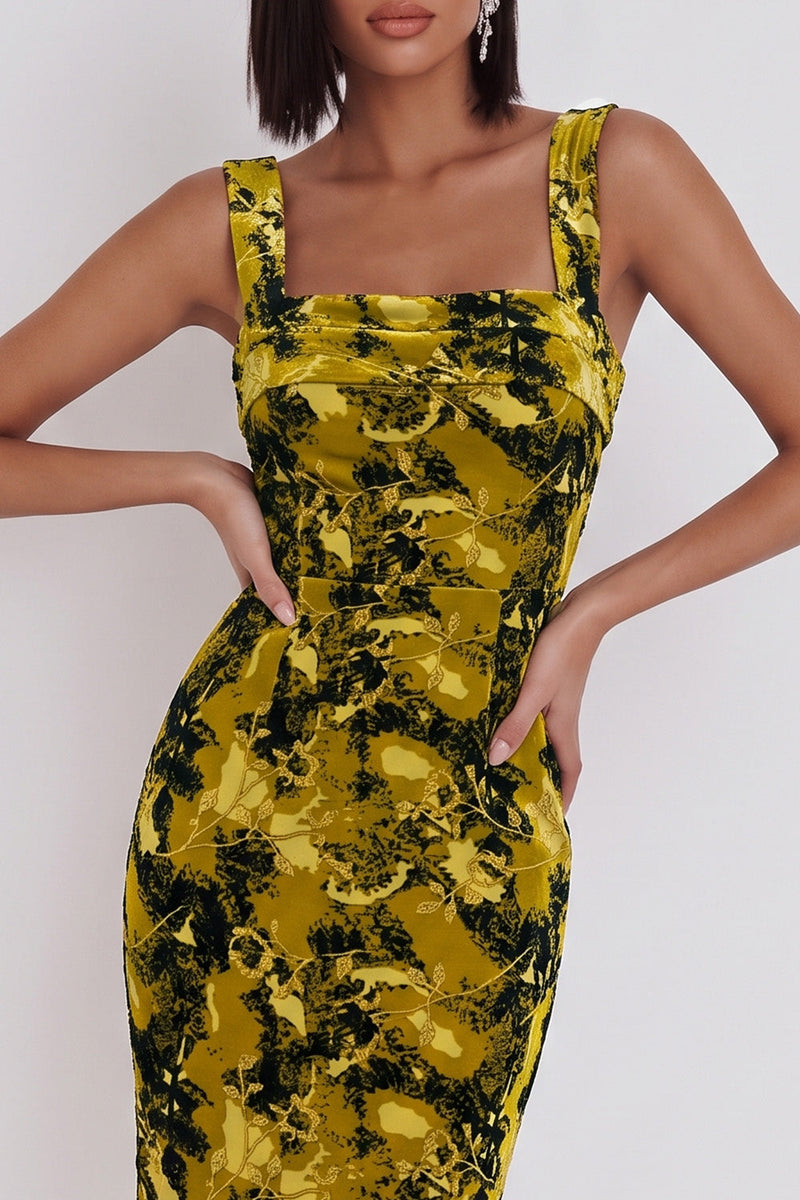 Load image into Gallery viewer, Yellow Green Floral Bodycon Square Neck Midi Wedding Guest Dress with Slit